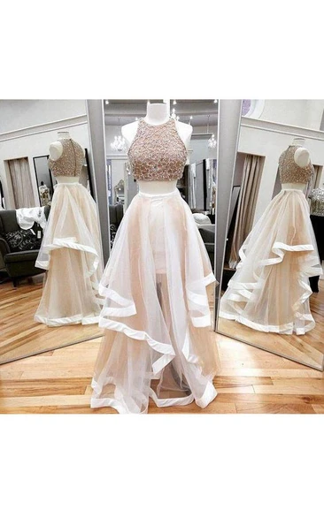 Floor-length Sleeveless A-line Tulle Dress with Ruffles