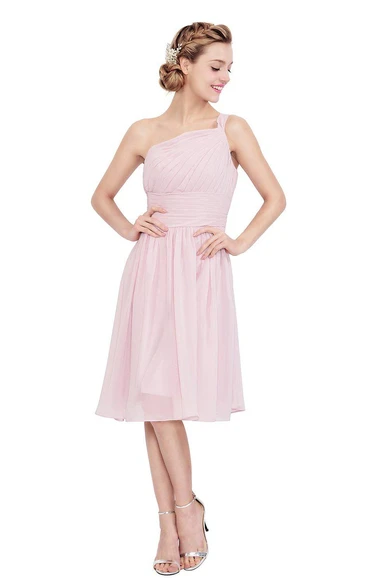 One-shoulder Knee-length Chiffon Dress With Pleats