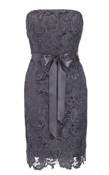 Strapless Lace Sheath Dress With Bow Tie