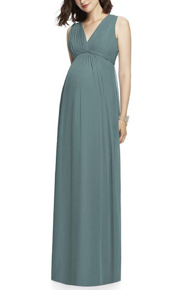 V-neck Ruched Maternity Chiffon Long Bridesmaid Dress