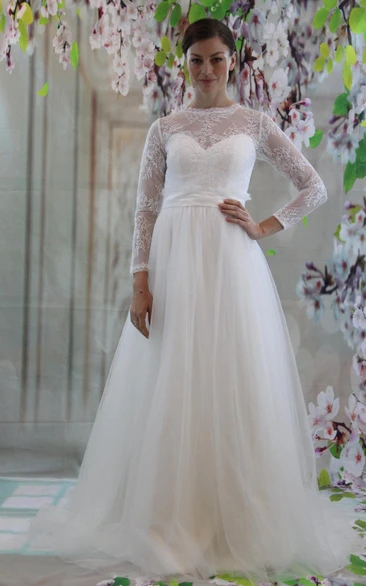 Tulle Long Sleeve Lace Bodice Dress With High Neck