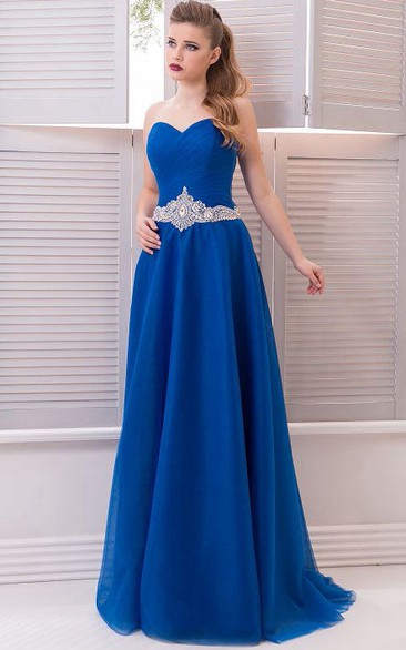 A-Line Floor-Length Sweep Sweetheart Sleeveless Tulle Crystal Detailing Pleats Zipper Dress