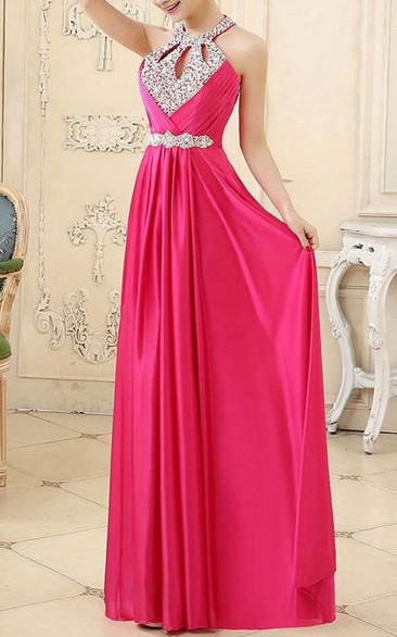 Halter Beaded Ruches Floor-Length Prom Dress