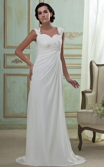 Simple Caped-Sleeve Beaded Dress With Ruching and Keyhole Back