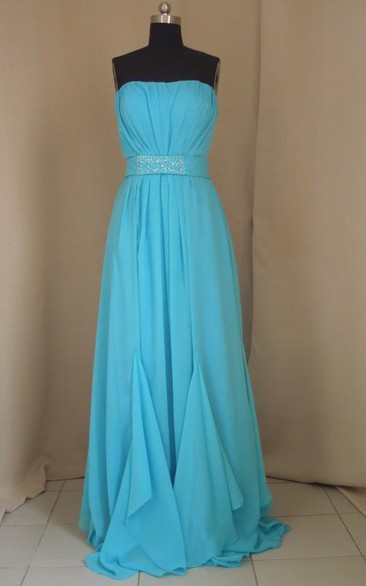 Evening Sexy Prom Dresses Blue Beading Sashes Strapless Sheath Dresses