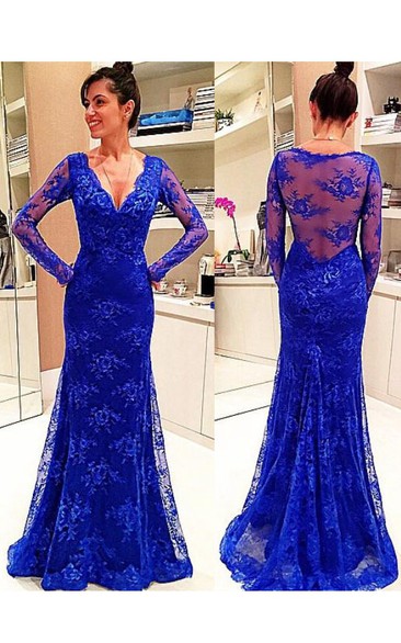 Long Sleeve V-neck Lace Dress with Illusion Back