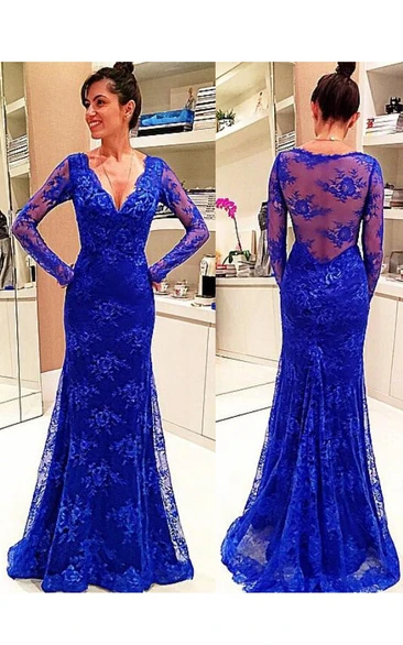 Long Sleeve V-neck Lace Dress with Illusion Back