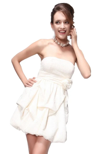 Strapless Short Floral Appliqued Ruffled Lace Dress