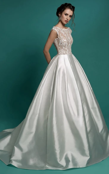 A-Line Floor-Length Bateau-Neck Cap-Sleeve Zipper Satin Dress With Appliques And Beading