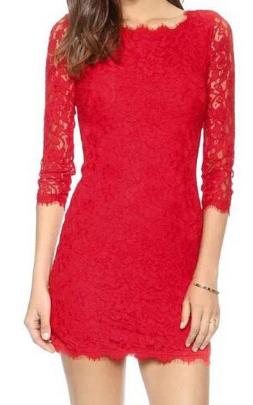 3-4 Sleeved Short Mini Lace Sheath Dress with V-back