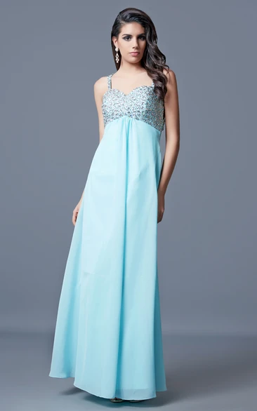 Noble Sleeveless Long Ruched Chiffon Dress With Beaded Bust and Straps