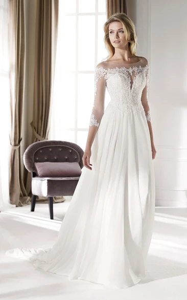 3/4 Sleeves Ethereal Illusion Lace Chiffon Court Train Bridal Gown 