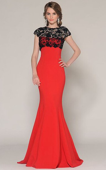 Mermaid Lace Cap-Sleeve Jewel-Neck Floor-Length Jersey Prom Dress