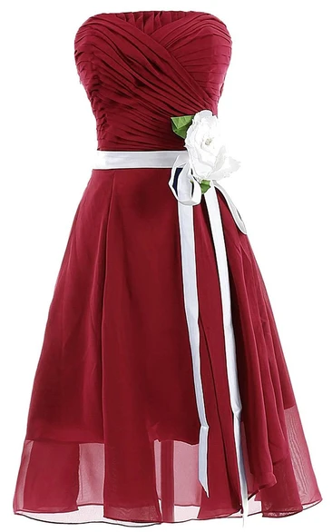 Strapless Ruching and Pleated Dress With Satin Bow