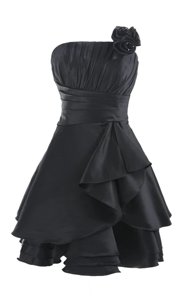 Strapless Pleat Layered Dress With Flower