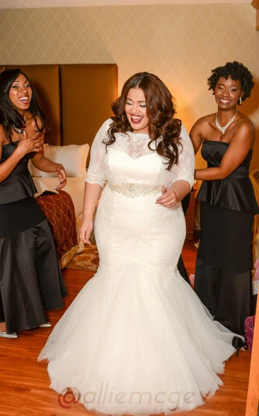 Sexy Floor-length Plus Size Mermaid Wedding Dress Lace Half Sleeve