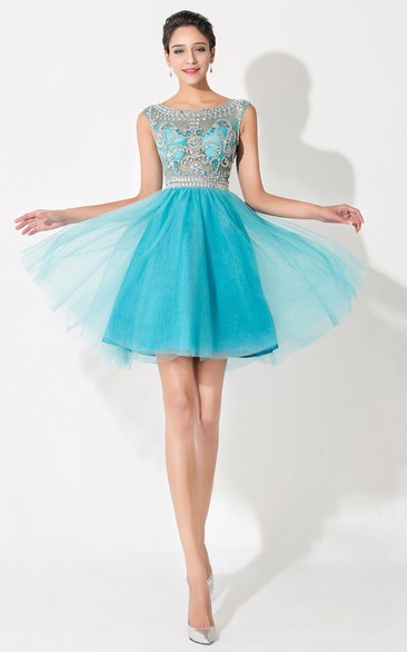 Modern Illusion Cap Sleeve Tulle Homecoming Dress With Crystals