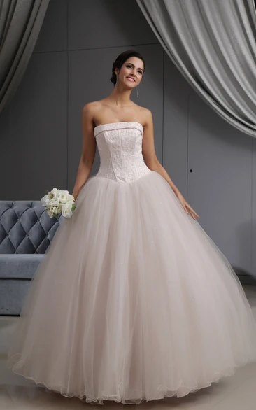 Blushing Pink A-Line Ball Gown With Embroideried Bodice and Tulle Overlay