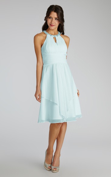 Short Chiffon Dress With Beaded Jewel Neck