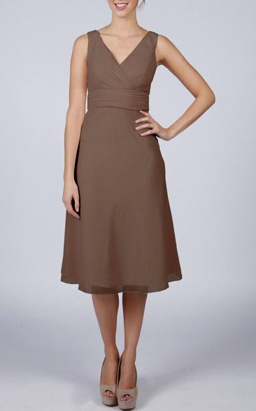 V Neck V Back Sleeveless A-line Chiffon Knee Length Dress Brown