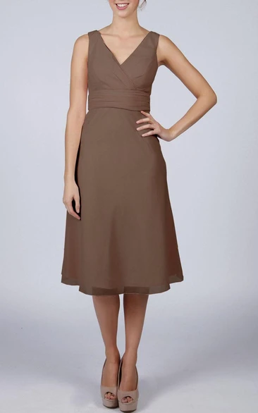 V Neck V Back Sleeveless A-line Chiffon Knee Length Dress Brown