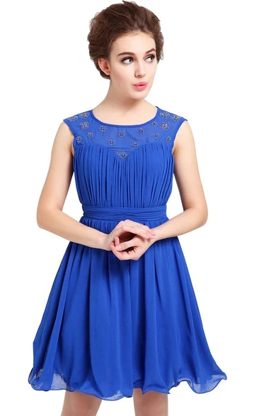 Sleeveless Appliqued Pleated Bodice Short Ruffled Chiffon Dress