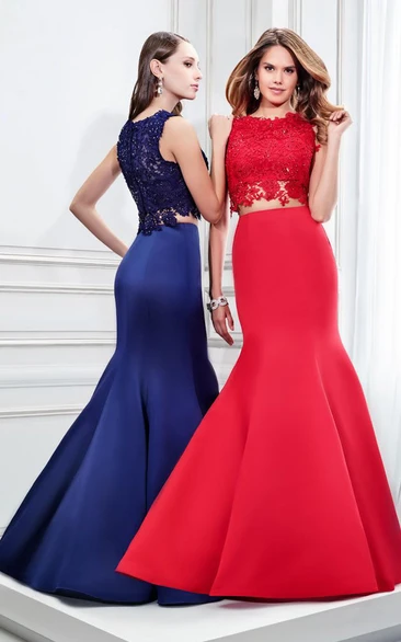 Mermaid Sleeveless Jewel Neck Appliqued Satin Prom Dress