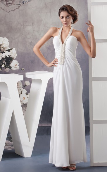 Notched Chiffon Ankle-Length Halter and Dress With Beading