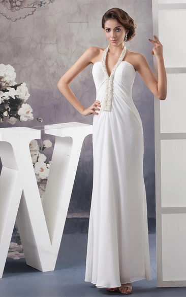 Notched Chiffon Ankle-Length Halter and Dress With Beading