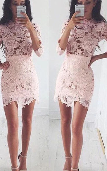 Sheath 3 4 Length Sleeve Lace High Neck Short Mini Homecoming Dress