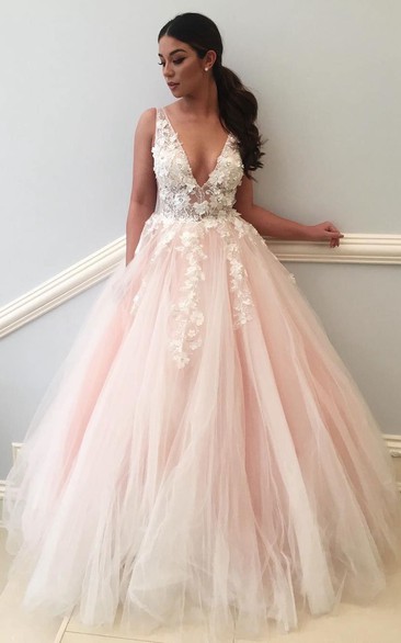 Ball Gown Lace Tulle V-neck Sleeveless Zipper Low-V Back Dress