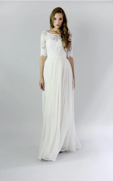 Button Back Sheath Chiffon Wedding Dress With Lace And Pleats