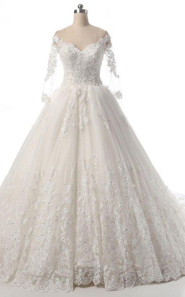 Long Sleeve Court Train Tulle Lace Dress With Beading Illusion