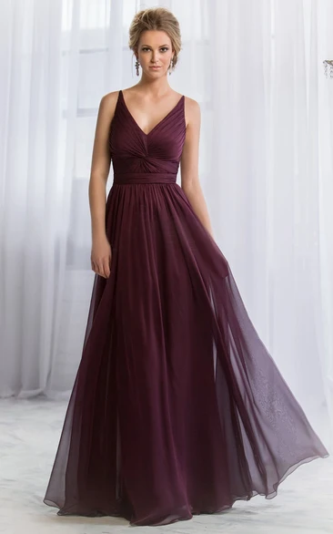 V-Neck Sleeveless A-Line Bridesmaid Dress With Knot Detail And Pleats