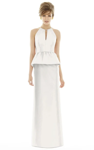 Floor-Length Column High-Neck Satin Dress with Keyhole and Pleats