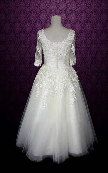 V-Neck Half Sleeve Low-V Back Tulle Wedding Dress With Sash And Appliques