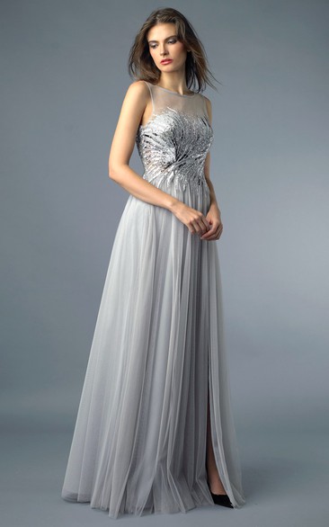 A-line Floor-length High Neck Sleeveless Tulle Low-V Back Dress