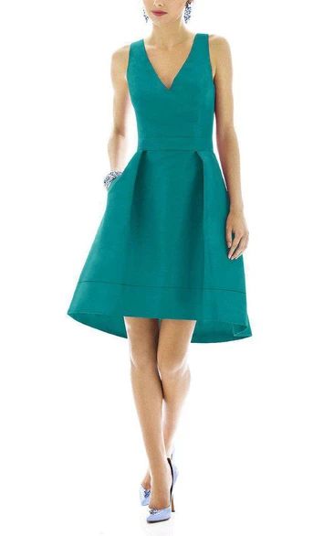 V-neck Short Satin A-line Dress with Pleats