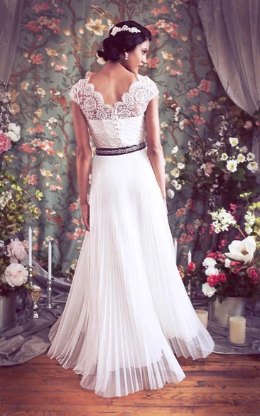 Bateau Cap Button Back Chiffon Wedding Dress With Sash And Pleats