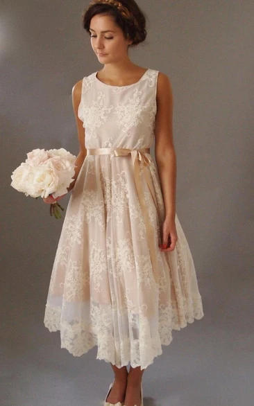 Sleeveless Scoop Neck A-Line Lace Tea Length Dress With Satin Bow Sash