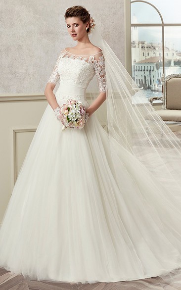 Half-Sleeve A-Line Bridal Gown With Off Shoulder And Pleated Skirt