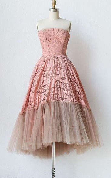 Strapless A-line Knee-Length Lace Tulle Dress