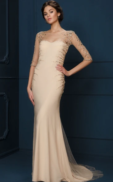 Sheath Long-Sleeve Long Scoop-Neck Beaded Tulle&Jersey Evening Dress