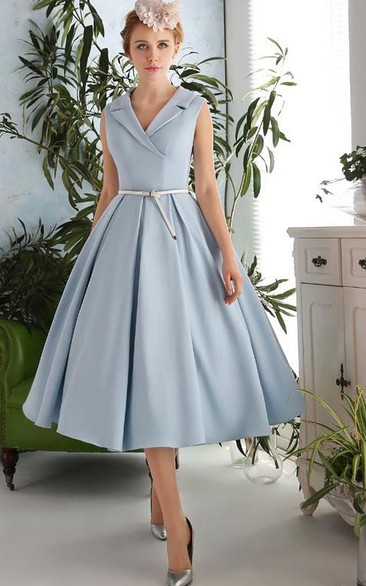 A-Line V-Neck Sashes Tea-Length Prom Dress