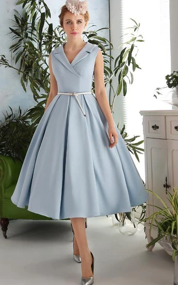 A-Line V-Neck Sashes Tea-Length Prom Dress
