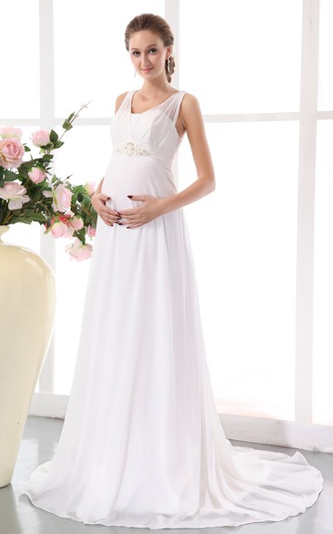 Chiffon Empire Maternity Dress With Belted Waistband