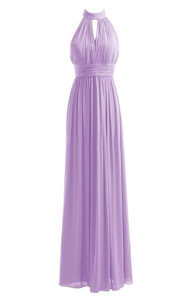 High Neck Notched Pleated Chiffon A-line Gown
