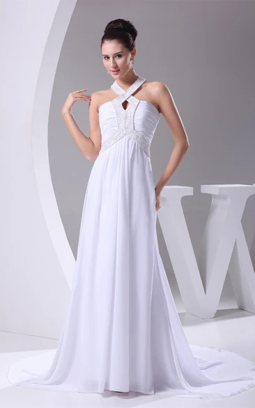 Haltered Empire Chiffon Sweep Train and Dress With Beading