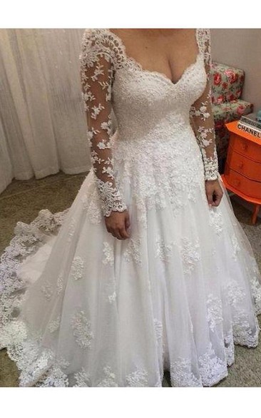 Ball Gown V-neck Long Sleeves Lace Court Train Wedding Dresses