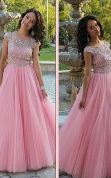 A-line Short Sleeves Scoop Beading Tulle Floor-Length Dresses